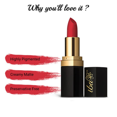 Iba Long Stay Matte Lipstick for Women- M07 Red Velvet, 4g | Creamy Matte Finish & Smooth Texture| Long-Lasting | Hydrated Lips | Enriched with Vitamin E| Intense Colour & Highly Pigmented | Lip Makeup